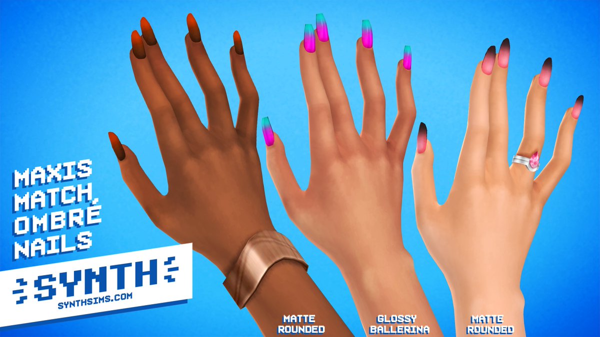 A new set of nails, this time ombré! My most wearable styles Rounded and Ballerina in the length Night Out, now in a bunch of colour combinations. GLHF 🐻

Download and more info here: 
patreon.com/posts/64887160
#TheSims4 #TS4 #TS4CC