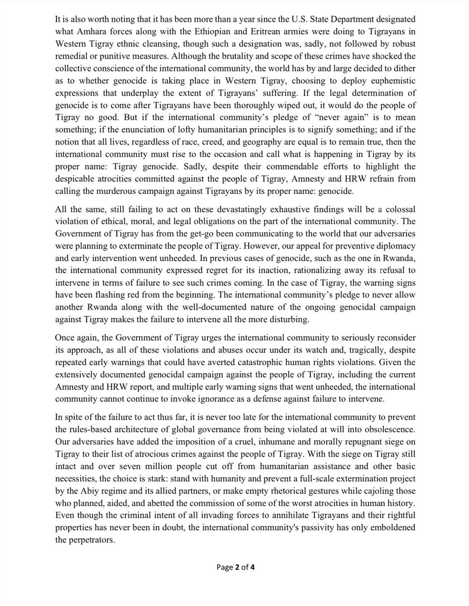 meazaG_'s tweet photo. .@amnesty &amp; @hrw’s recent in-depth findings confirm that allied forces behind the ongoing state-led #TigrayGenocide have committed unimaginable atrocities against Tigrayans to create new demographic facts critical in reinforcing their baseless+unconstitutional territorial claims. https://t.co/2pNrYsCkP9