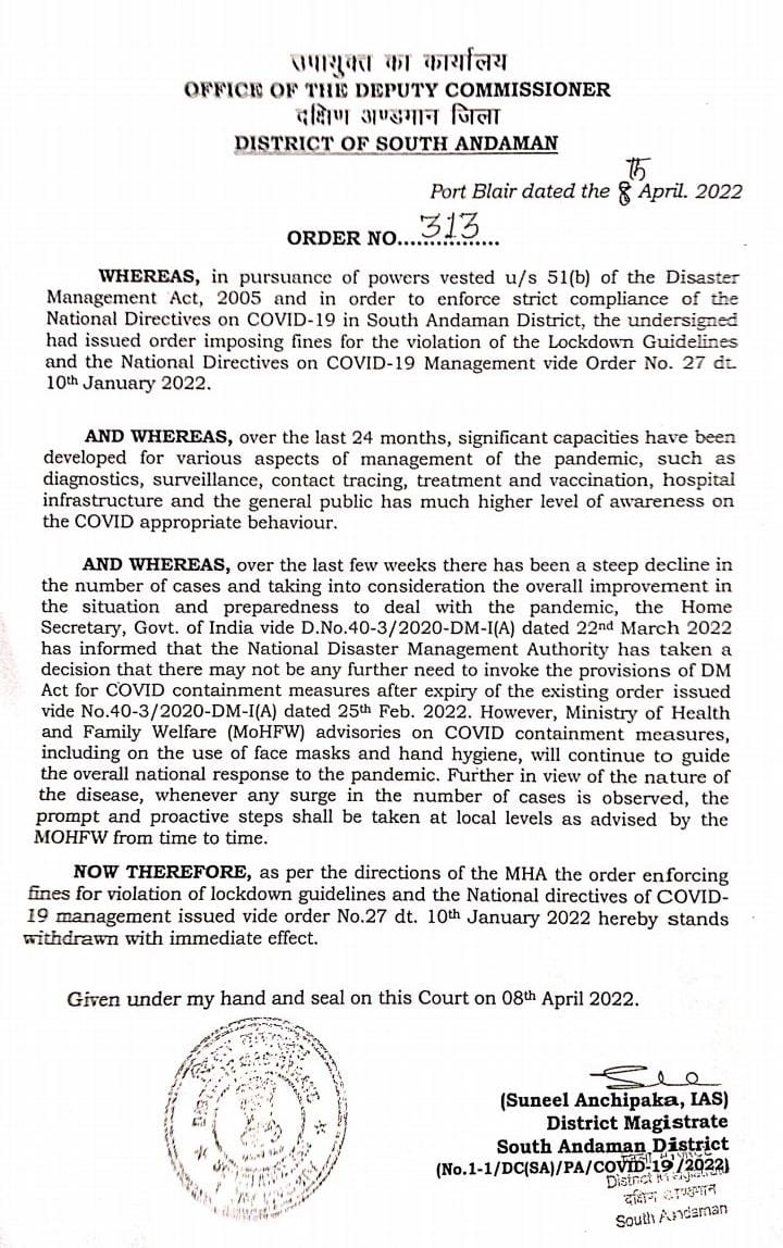 AndamaniTimes's tweet photo. No More Fines!
No More Challans!
For #COVID19 related restrictions in #Andamans!
Finally the most tedious period of #COVID19 seems purging out of #AndamanNicobarIslands!
#DMAct imposed withdrawn from Islands with immediate effect! https://t.co/ht0q1rRD8h