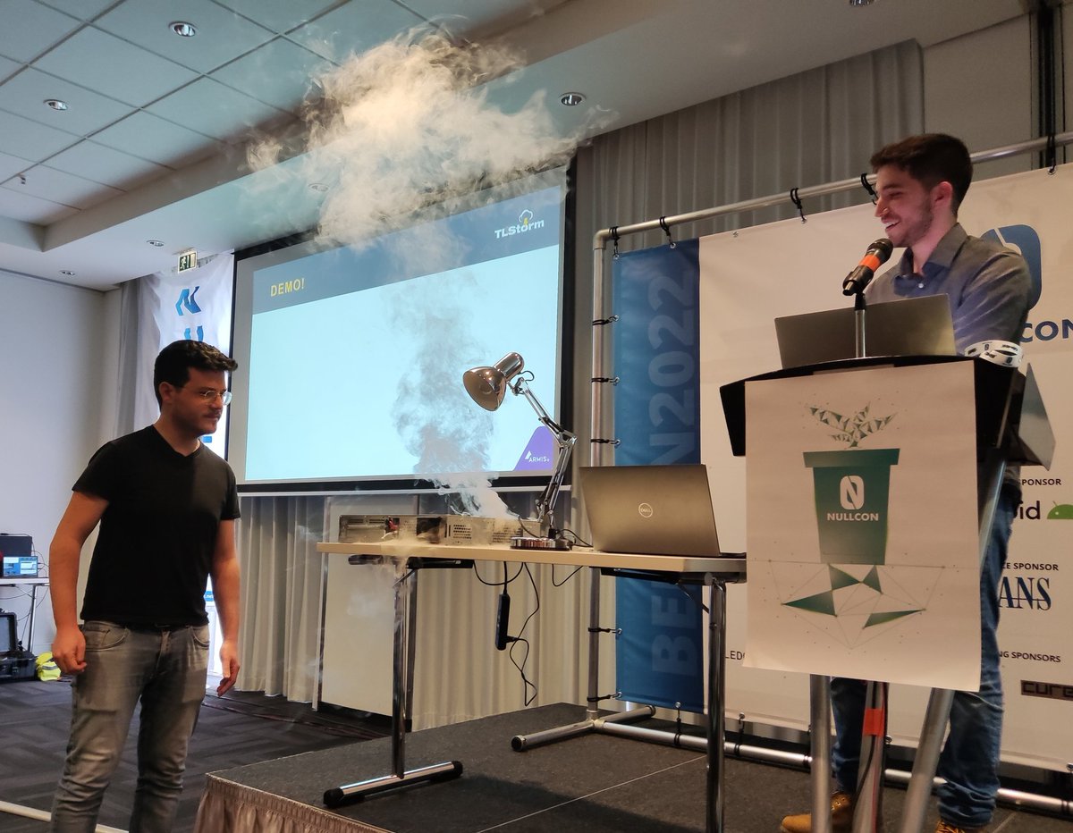 Today at Nullcon, <a href="/Gal_Levy92/">Gal Levy</a> and <a href="/TheYuvalShow/">Yuval S</a> from Armis Research Labs presented TLStorm - A set of vulnerabilities that can allow attackers to gain complete control over Smart UPS devices from the internet. Live demo of a UPS frying itself using RCE in the attached photo