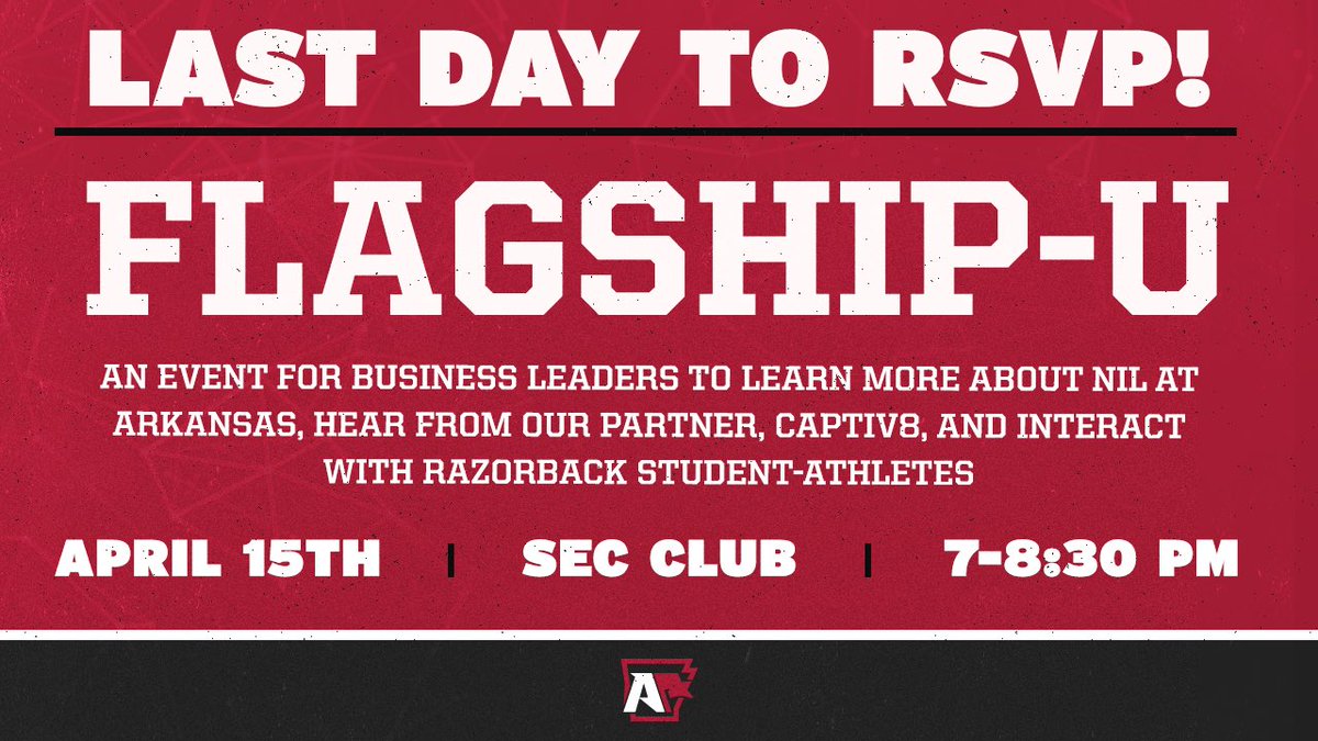 TheFlagshipAR's tweet photo. Hey Razorbacks! Today is the last day for businesses AND @ArkRazorbacks student-athletes to RSVP for Flagship U.
Contact flagship@uark.edu with any questions. #BrandAsOne
Business leaders: please RSVP via the link in our bio. https://t.co/8xy3d2rVh5