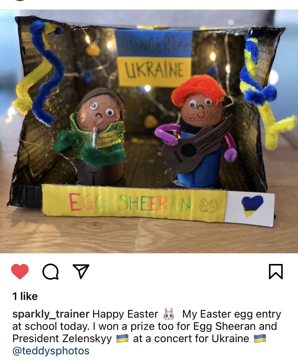 Youngest daughters class #EdSheeran egg entry, taking supplies in (painted box black @ home) ‘Egg Sheeran &amp; President Zelensky at Concert for Ukraine’. #Bullied @ school today, branded a ‘cheat’ as Mummy is a designer ‘who made it for her’ - considering it was made at school😡