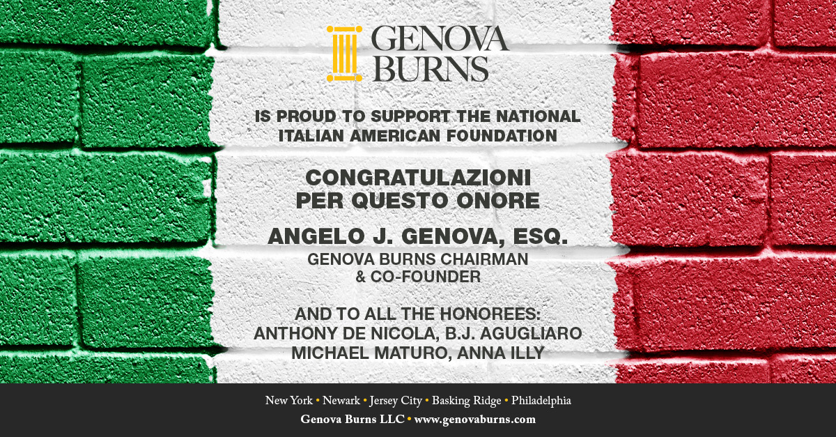 #GenovaBurns is proud to announce that Co-Founding Partner &amp; Chairman #AngeloJGenovaEsq. (<a href="/AJGenovaEsq/">Angelo J. Genova</a>) will be honored with the Special Achievement in #Law Award at the @NIAForg's New York Gala on April 21st. #NIAF #italiano  bit.ly/3KqBoeW