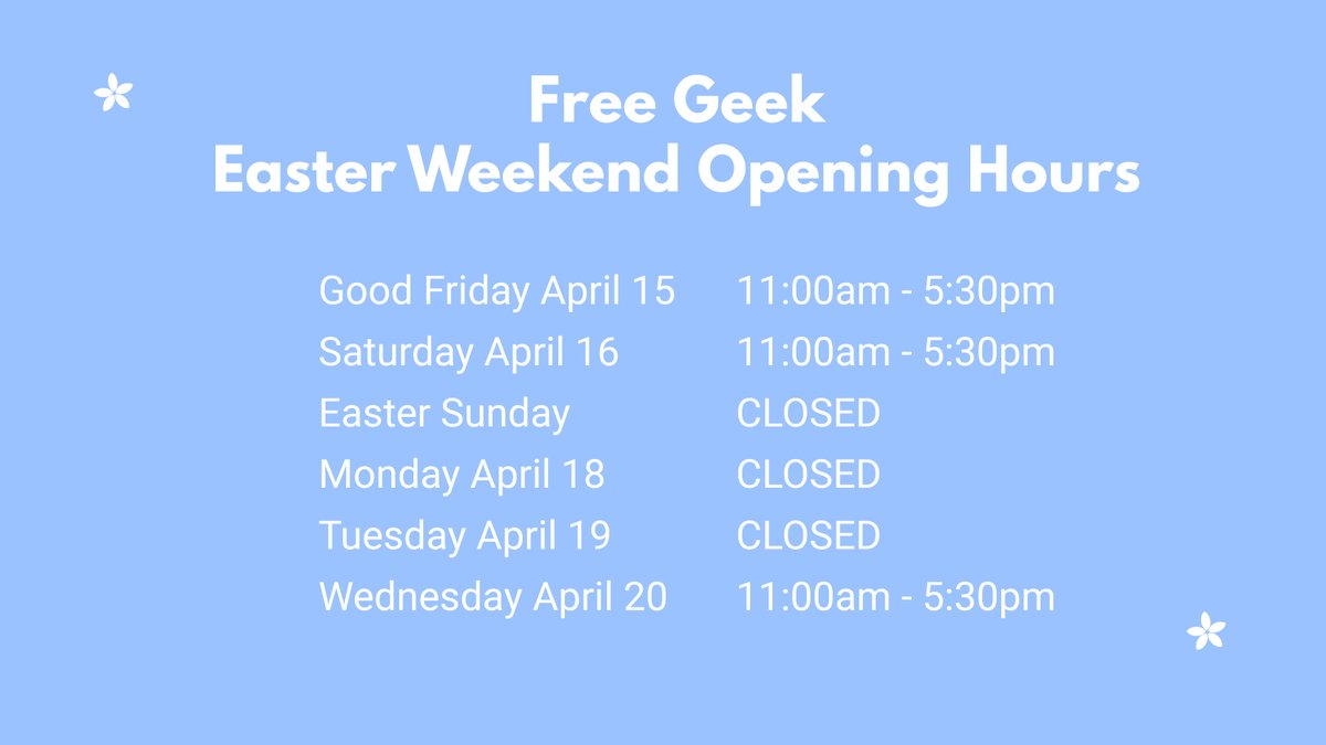 Check out Free Geek's opening hours for Easter weekend; we will be closed on Sunday 17th, Monday 18th &amp; Tuesday 19th April. Open again on Weds 20th.

Have a great Easter everyone!
