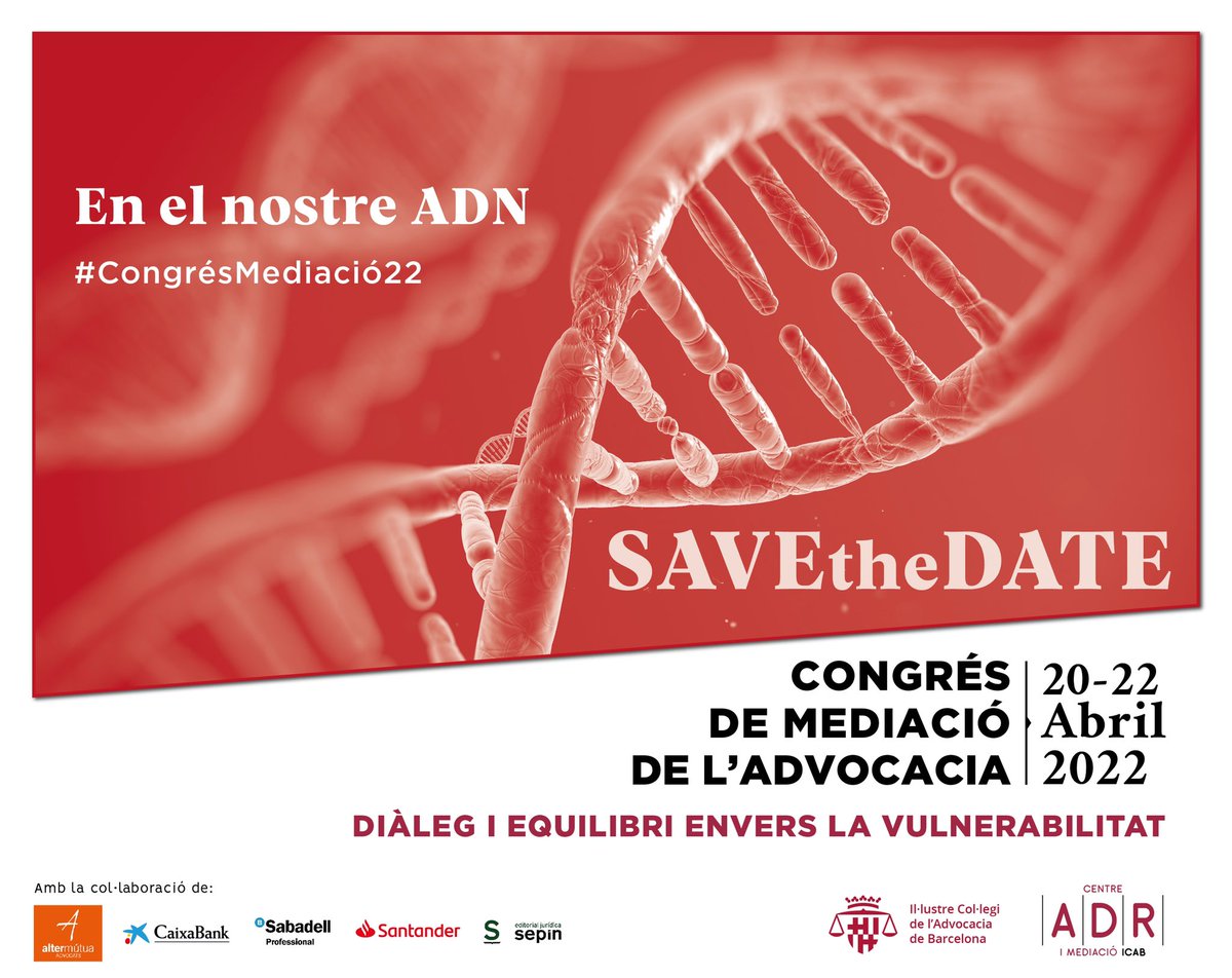 Carles_GR's tweet photo. SAVE THE DATE! IV #CongrésMediació22 de l’Advocacia del 20 al 22|04 sota el lema: 'Diàleg i equilibri envers la  vulnerabilitat' per aprofundir en la mediació com una eina que l'Advocacia ha d’incorporar definitivament a la professió. Més info: https://t.co/6B7q2ryaZk https://t.co/t969QDA3gb