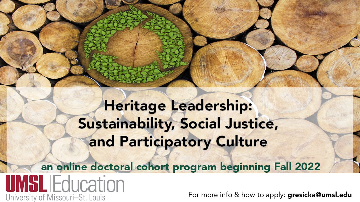 Interested in an innovative EdD cohort program for Fall 2022? We still have spaces available in our unique Heritage Leadership EdD cohort. Apply ASAP for consideration! For more info: tinyurl.com/UMSLHL3Info
<a href="/UMSL_Gradschool/">UMSL Grad School</a> <a href="/TheresaCoble/">Theresa Coble</a> <a href="/NAIinterpret/">National Association for Interpretation</a> <a href="/NatlParkService/">National Park Service</a>