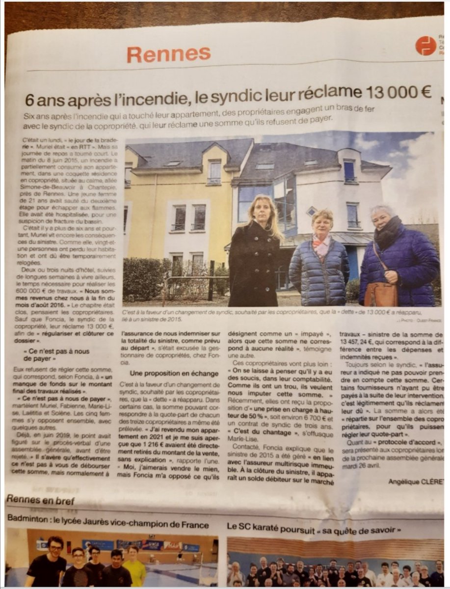 julie_lolie's tweet photo. ⚠️ ALERTE GROS SCANDALE ⚠️

Je vous partage un article @OuestFrance en photo (sur OF la totalité de l'article n'est ouvert qu'aux abonnés 🤬) qui traite du gros scandale dont est victime, ma maman❤️ ; et les co-propriétaires d'une résidence à Chantepie. Merci @foncia ! #syndic https://t.co/0y3ERqIWSI