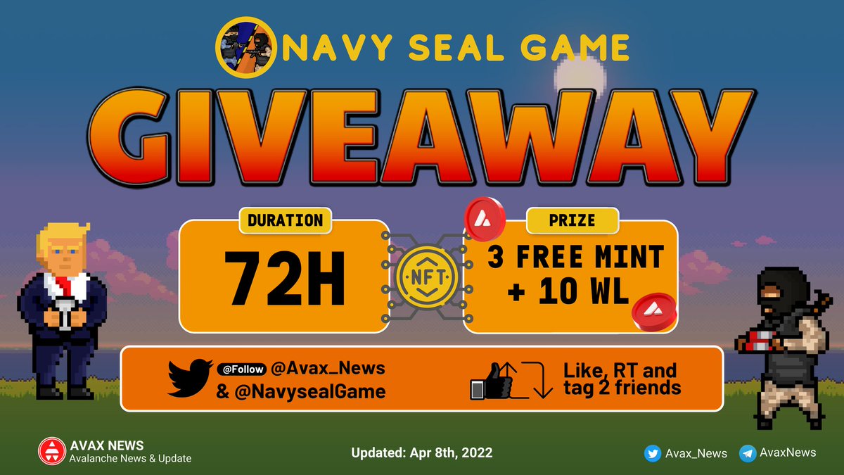 📢 GIVEAWAY TIME

🤩 @NavysealGame giving away 3 Free Mint ($300) + 10 #WL to 10 lucky people.

✅Follow: @NavysealGame and <a href="/Avax_News/">AvaxNews9000🔺</a>
✅Like + RT + Tag 2 Friends

#AvaxNews #Giveaway #P2E #R2E $AVAX