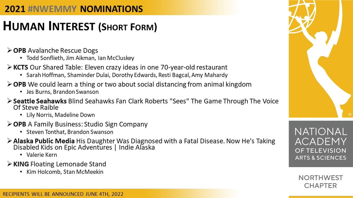 natasnw's tweet photo. SPORTS, PROGRAMS, AND SPOTS: 

The #NWEmmy Nominations for Human Interest - Short Form Content: https://t.co/D4y81lEaUv