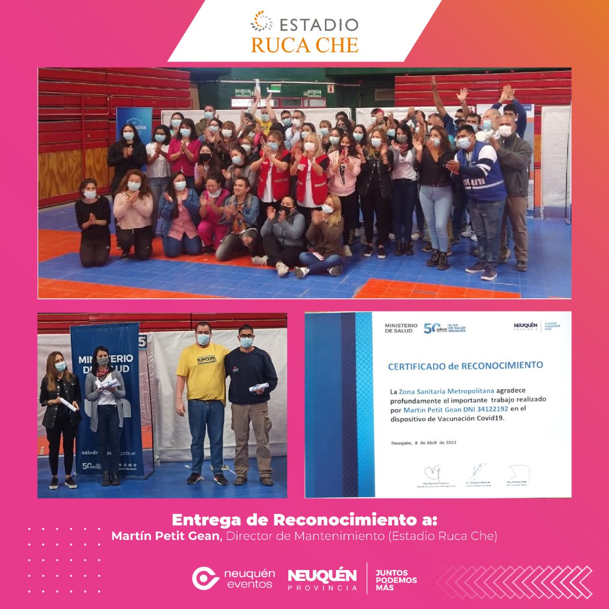 rucache's tweet photo. Hoy se cierra una etapa. Gracias! A todos y todas los que fueron parte del proceso de vacunación. Felicitaciones Martín Petit Gean por este reconocimiento y a través de él al equipo de mantenimiento. @giseluchelli @GeneralPublicos @AltamiranoCari #EstadioRucache #Neuquen https://t.co/lhktIvcSVl
