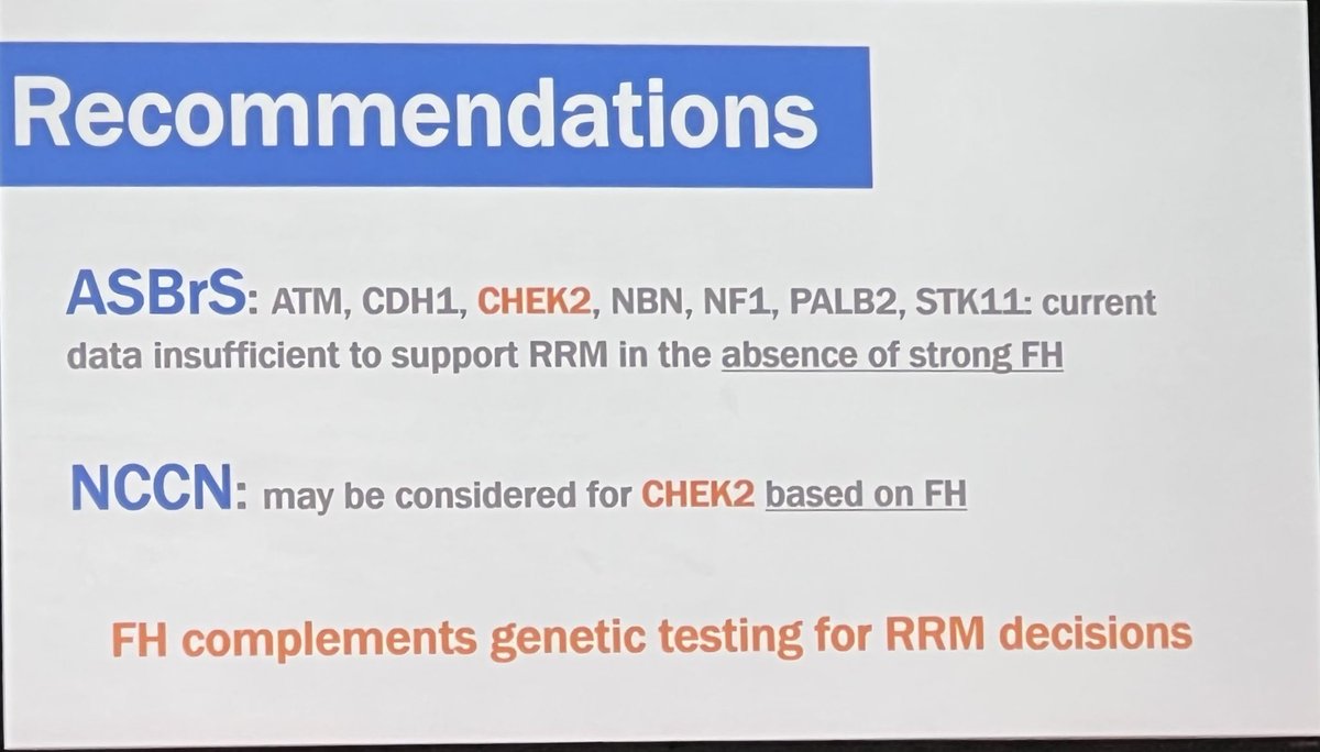 For genetic testing like CHEK2, genetic testing result do not replace family history. Family history complements decision on risk reducing mastectomy. ⁦@ASBrS⁩ #ASBrS22