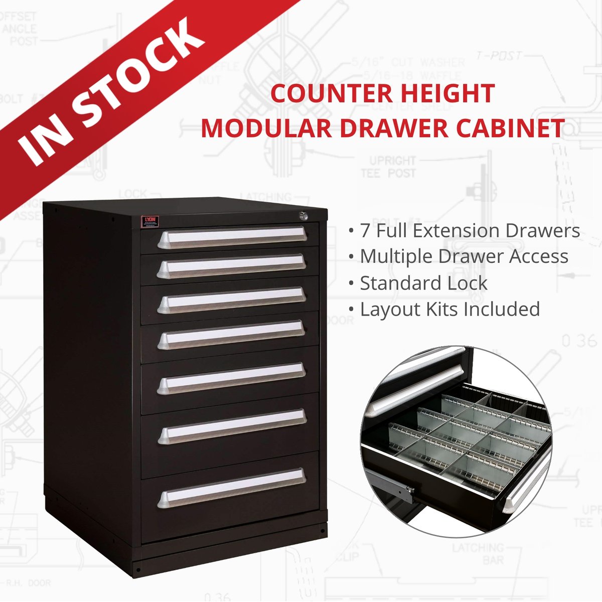 Lyon_LLC's tweet photo. It's time to get those small parts organized! Adjustable drawer dividers allow you to create the perfect space for your parts or tools. This 7 drawer cabinet is perfect for your workshop or garage. In stock and ready to ship! https://t.co/GtbVxzLHq6 https://t.co/qvVf19msSf