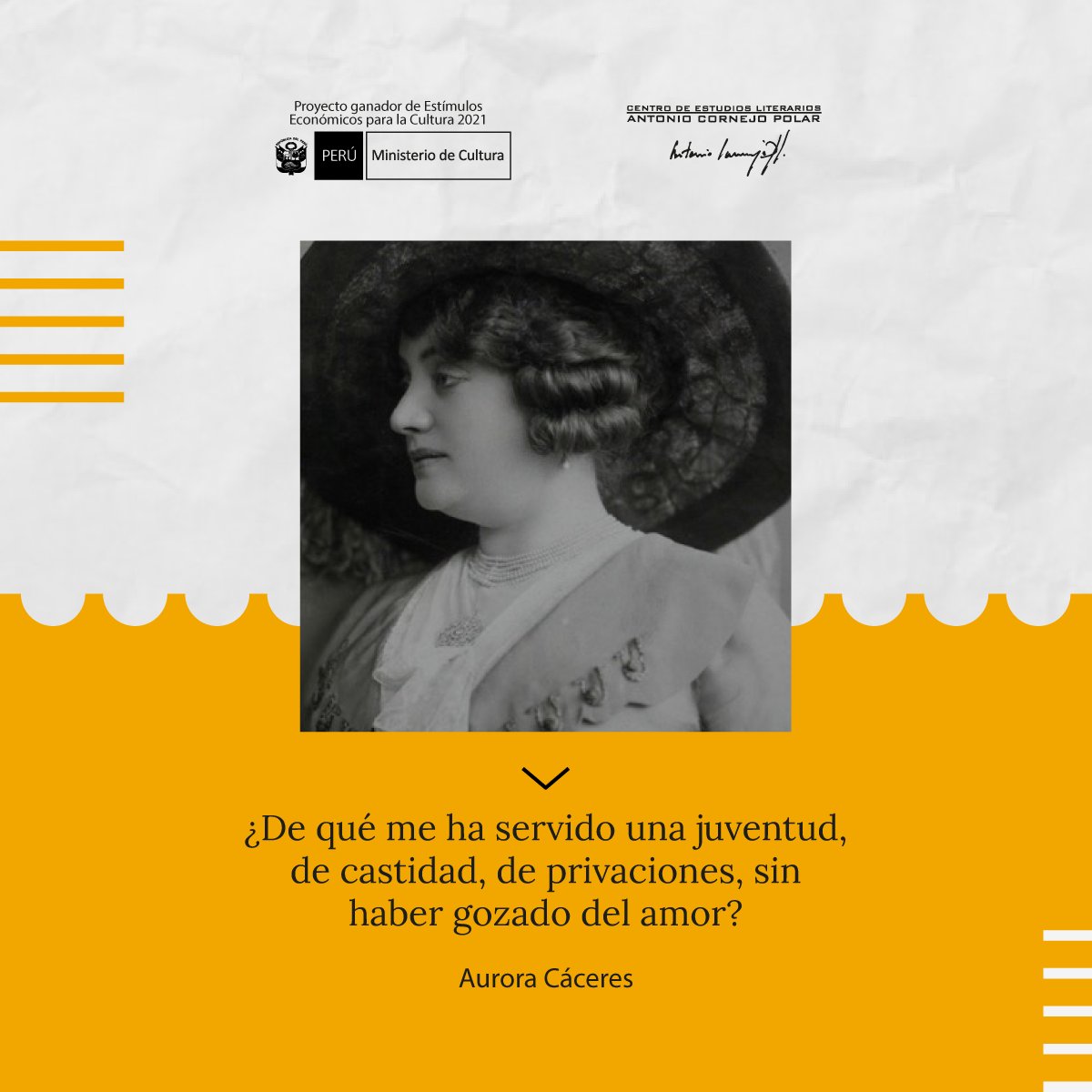 CELACP's tweet photo. ¿Quién fue Zoila Aurora #Cáceres?
Esta singular escritora peruana (1877-1958) presidió la agrupación “#Feminismo Peruano” y persiguió la demanda del voto femenino y la igualdad de derechos. Osada y viajera, #Cáceres, se desarrolló como #periodista, #literata y activista política. https://t.co/F8lDhsM01l