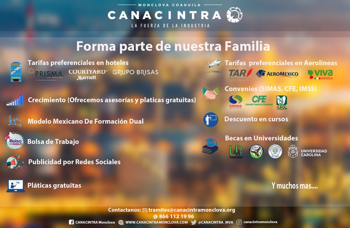 Únete a la familia CANACINTRA, la Cámara empresarial más importante con mayor nivel de representación a nivel nacional.
Mayores informes:
Luis Miguel Vargas
📲 866.633.66.33  / 866.136.25.11
📧 proyectos@canacintramonclova.org
#CANACINTRA #Monclova #LaFuerzaDeLaIndustria