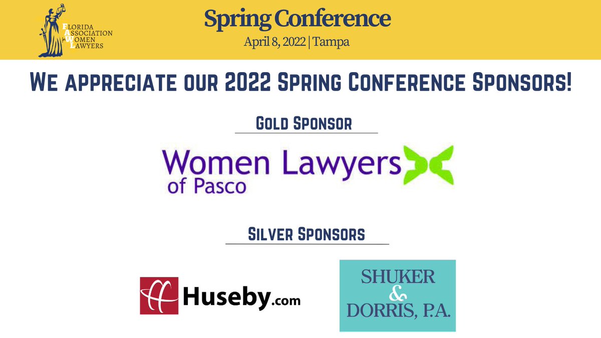 FAWL_FAWL's tweet photo. A big thank you to our Spring Conference Sponsors for their generous support of FAWL. We appreciate all of our sponsors! 

Gold Sponsor: @mywlp

Silver Sponsors: Huseby Global Litigation &amp; Shuker &amp; Dorris, PA 

#YourFAWL #FAWLowus #FAWL https://t.co/vrLC9i7Rm7