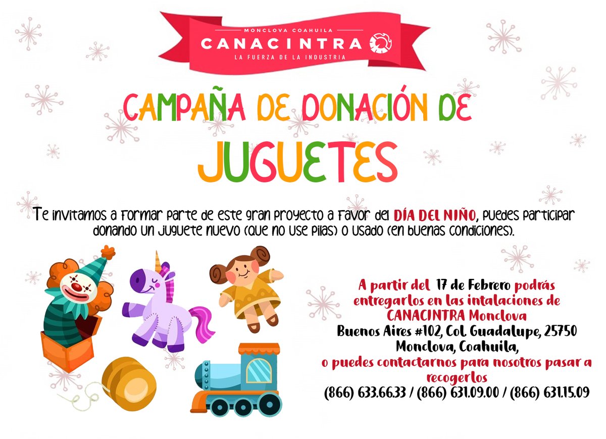 ¡¡¡REGALA UNA SONRISA!!!
CANACINTRA  Monclova te invita a unirte a esta noble causa, con la  campaña de recolección de Juguetes NUEVOS O USADOS en buenas condiciones, estos serán destinados a niños  y niñas de escasos recursos.
"Haz feliz a un niña/o este 30 de Abril"
#Monclova