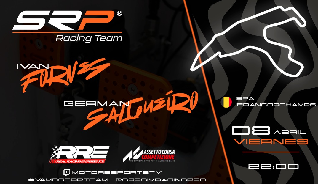 SRPracingteam's tweet image. 🏆 Campeonato: SRP - Custom Cockpits - Spring GT3 Cup By RRE
🏁 Circuito: Spa-Francorchamps
👥  Piloto 1: Iván Fornés 
@ivanfornees
👥 Piloto 2: Germán Salgueiro
@salgueirogerman
🏎️ Assetto Corsa Competizione
📆 08 de abril de 2022
⏰ Horarios: 
⏳ Quali: 22:00
🏁 Carrera: 22:20