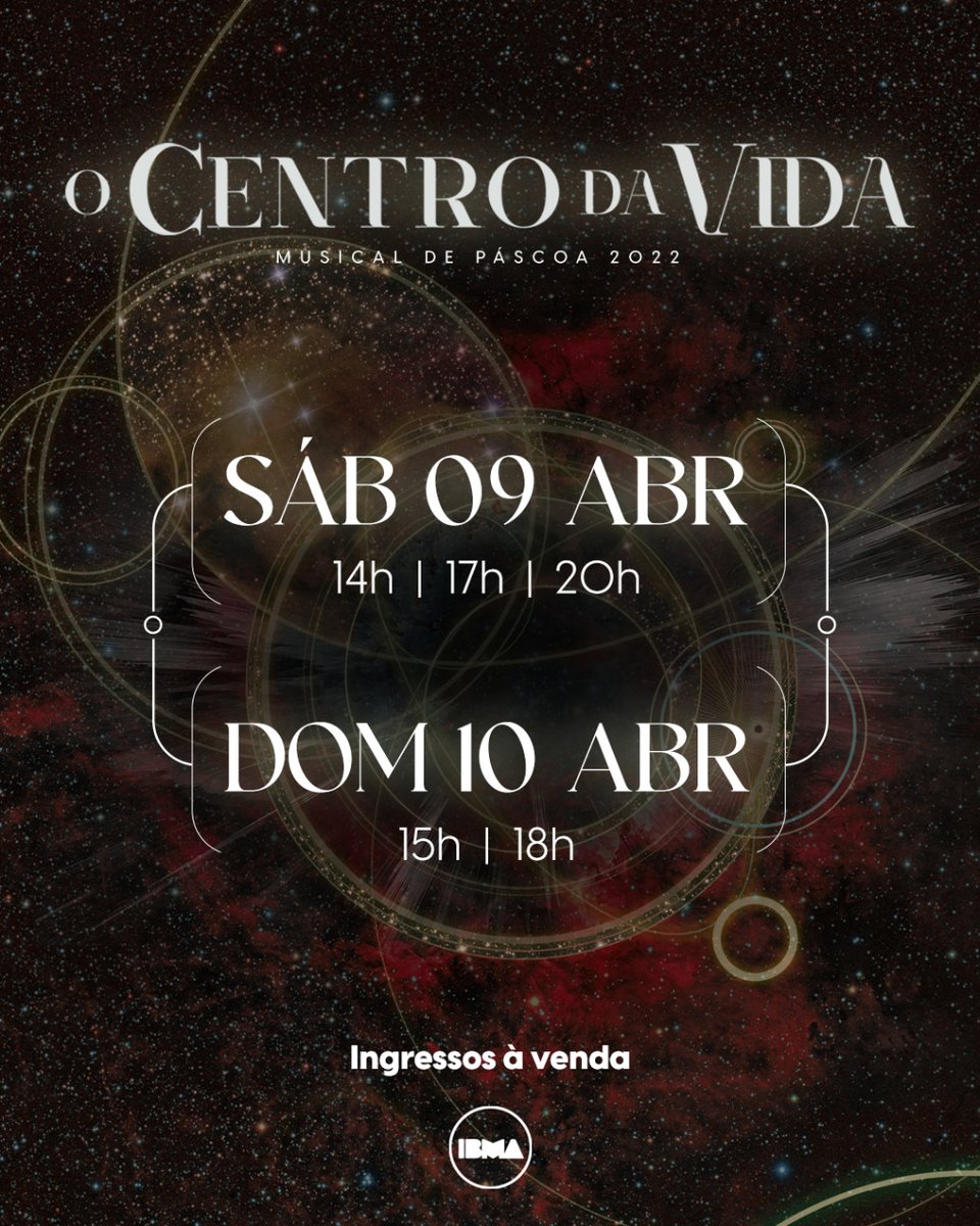 ibma_242's tweet photo. Musical de Páscoa "O Centro da Vida".

Local na Sede da IBMA: Av. Tamboré, 1603, Tamboré 📍
Serão 5 apresentações, nos dias 09 e 10 de abril!

- Sábado - 09/04 - 14h, 17h (acessibilidade em libras) e 20h
- Domingo - 10/04 - 15h e 18h (acessibilidade em libras) https://t.co/vC54vRMy7Z