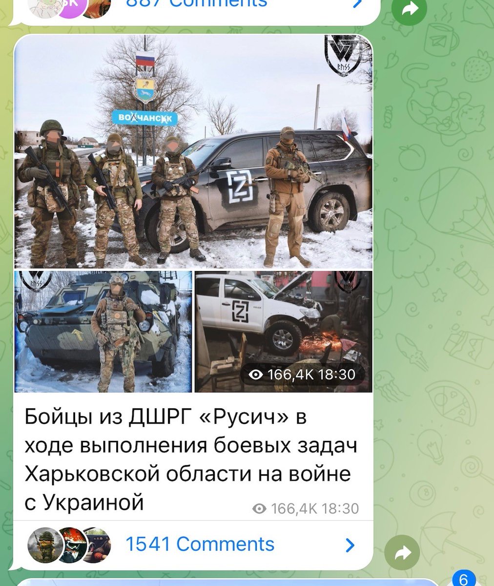 1/3 On Sunday three photos of the russian neo-nazi group Rusich was posted on Telegram, claiming that the group was fighting in Kharkiv. The soldiers are standing in front of a sign in the city Vovchansk, close to the Russian border.