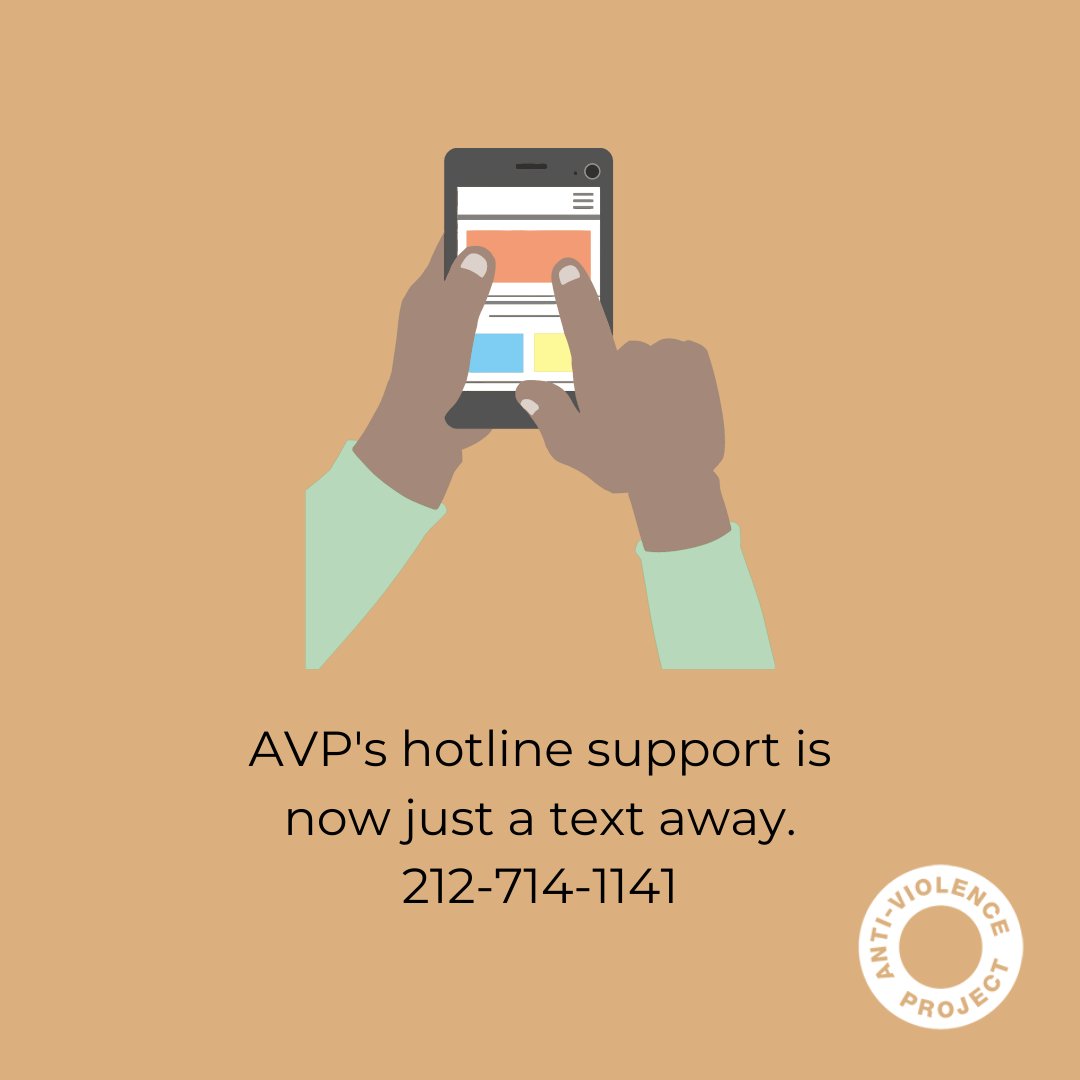antiviolence's tweet image. You can now reach out to AVP’s #HotlineSupport with just one text. If you’re feeling unsafe &amp;amp; need support, we are here to help. 

Our hotline is available 24/7 at 212-714-1141, in English and Spanish, or text message us Monday - Wednesday from 12-4 pm ET.

#LGBTQ #TextSupport