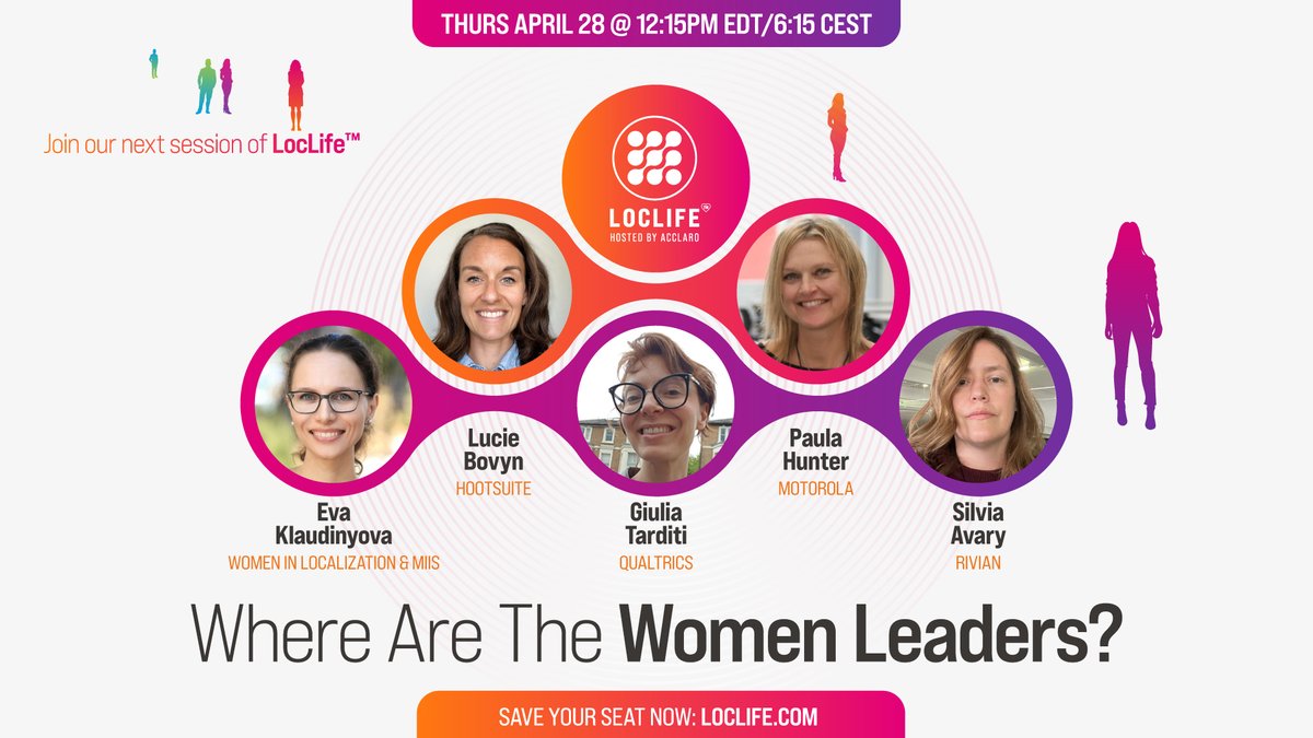 acclaro_inc's tweet photo. Why aren’t there more women in #leadership roles?
 
#Localization leaders @eva_klaud (@MIIS), @silviavary (@Rivian), Paula Hunter (@Moto), Lucie Bovyn (@hootsuite) &amp; @giuliaida (@Qualtrics) dive into this &amp; more at the next #LocLifeEvent.
 
Register now ➡️ https://t.co/kt29tdLoy6 https://t.co/KZoCqEMqXs