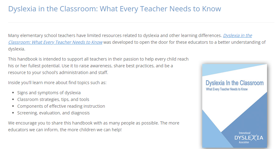 The “Dyslexia in the Classroom” resource provides educators with basic information about dyslexia and supports to help increase their capacity to ensure the success of learners in their classrooms. To learn more visit dyslexiaida.org/dyslexia-in-th….