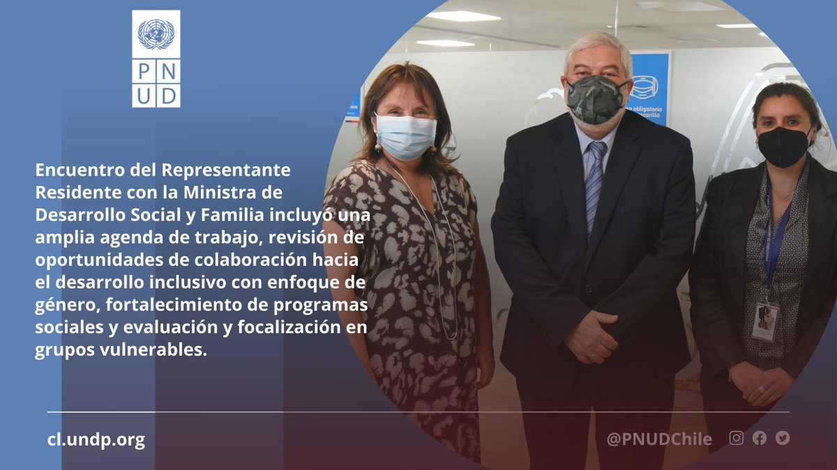 Nuestro Representante Residente, @MartinezSoliman, se reunió con Ministra <a href="/MinDesarrollo/">Ministerio de Desarrollo Social y Familia</a> <a href="/jeanvegamorales/">Jeanette Vega</a> y Subsecretaria de Evaluación Social <a href="/p_poblete_m/">Paula Poblete M.</a>.

Abordaron una amplia agenda y posibilidades de trabajo conjunto en #DesarrolloInclusivo y más ➡️ bit.ly/3up2KN2