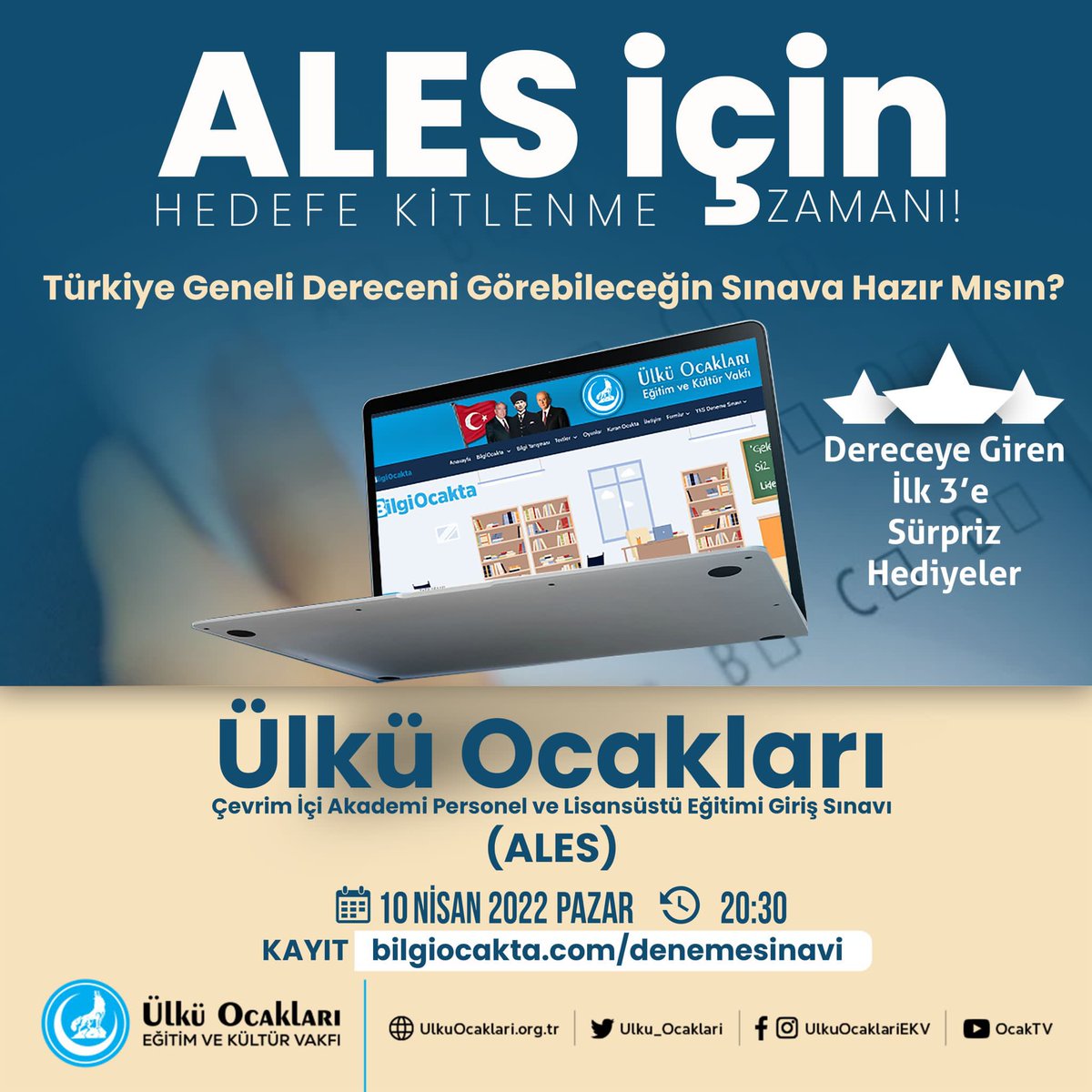 Ülkü Ocakları olarak gerçekleştireceğimiz, Türkiye geneli ödüllü çevrim içi ALES Deneme Sınavına 10 Nisan Pazar günü saat 20.00'a kadar aşağıdaki linkten kayıt yaptırabilirsiniz. 

bilgiocakta.com/denemesinavi/ 

📌Sınav tarihi
🗓10 Nisan Pazar
⏰Saat: 20:30