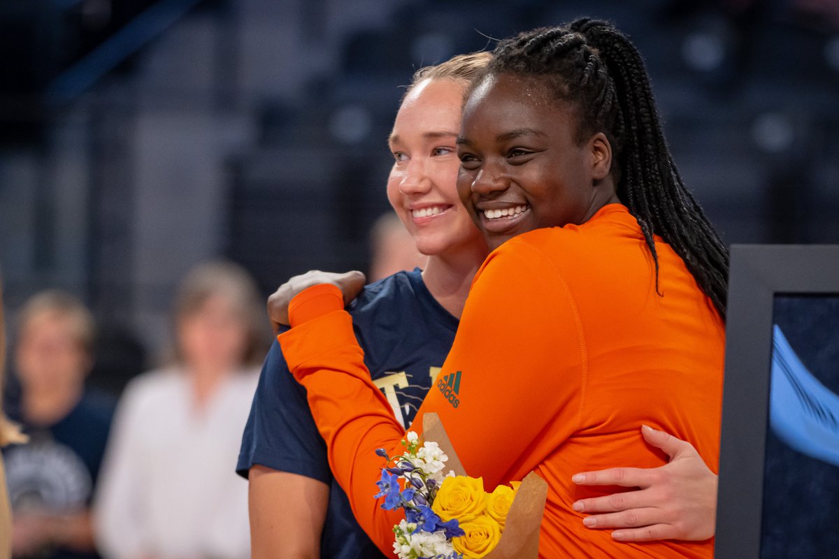 CanesWBB's tweet photo. It's more than just a game, basketball is a FAMILY 🏀

@MaevaDjaldi stepped in and walked with former teammate, fellow international player Digna Strautmane during her senior day recognition this year! https://t.co/XSj7GDF6Pg