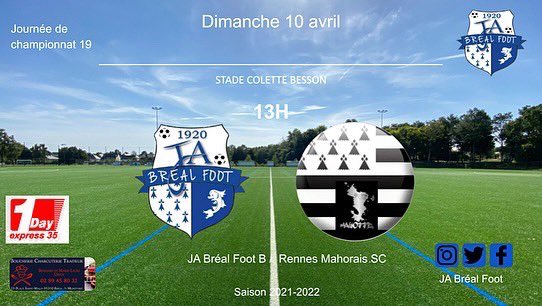 FootJa's tweet image. ⚽️ Programme séniors 
Dimanche 10 avril

- Sénior A 15h30 à Bréal :  JA Bréal 🆚 TA Rennes C
- Sénior B 13h à Bréal : JA Bréal 🆚 Rennes Mahorais SC
- Sénior C 15h30 à Campel : Campel AS 🆚 JA Bréal