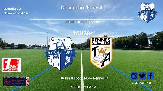 FootJa's tweet image. ⚽️ Programme séniors 
Dimanche 10 avril

- Sénior A 15h30 à Bréal :  JA Bréal 🆚 TA Rennes C
- Sénior B 13h à Bréal : JA Bréal 🆚 Rennes Mahorais SC
- Sénior C 15h30 à Campel : Campel AS 🆚 JA Bréal
