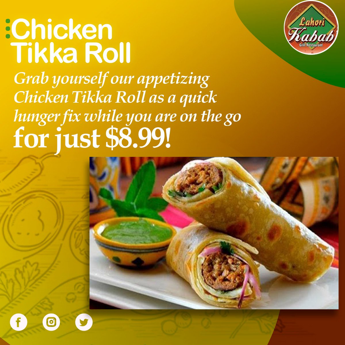 Grab yourself our appetizing Chicken Tikka Roll as a quick hunger fix while you are on the go for just $8.99!

Call us Now: +1 (717) 547-6062
Visit us Now:3840 Union Deposit Rd, Harrisburg, PA 17109
#lahorikababandgrill #quick #ChickenTikkaRoll #fix #hunger #Lahoriflavors #friday