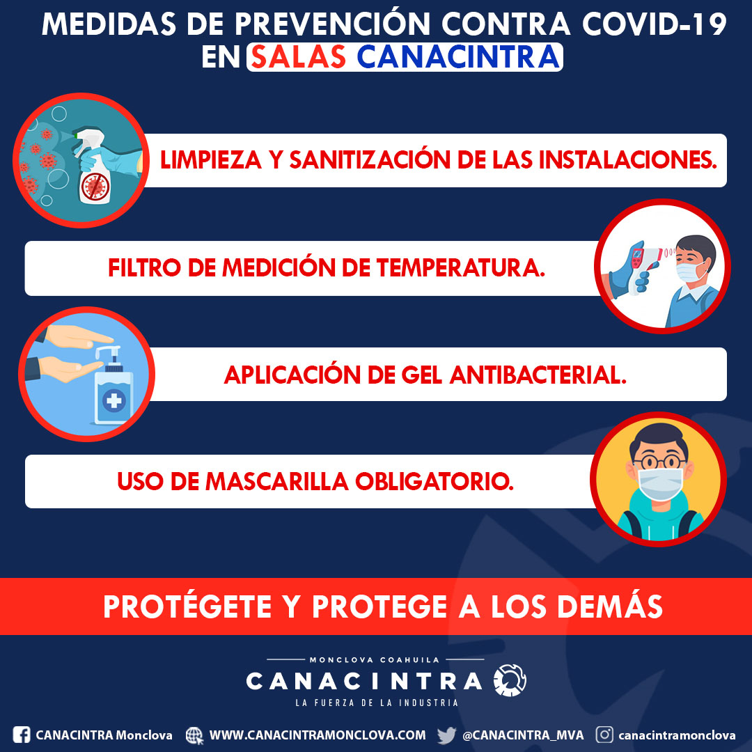 En CANACINTRA nos preocupamos por la seguridad de todos nuestros asistentes por lo cual se aplican las siguientes medidas de prevención.
#CANACINTRA #Monclova #LaFuerzaDeLaIndustria