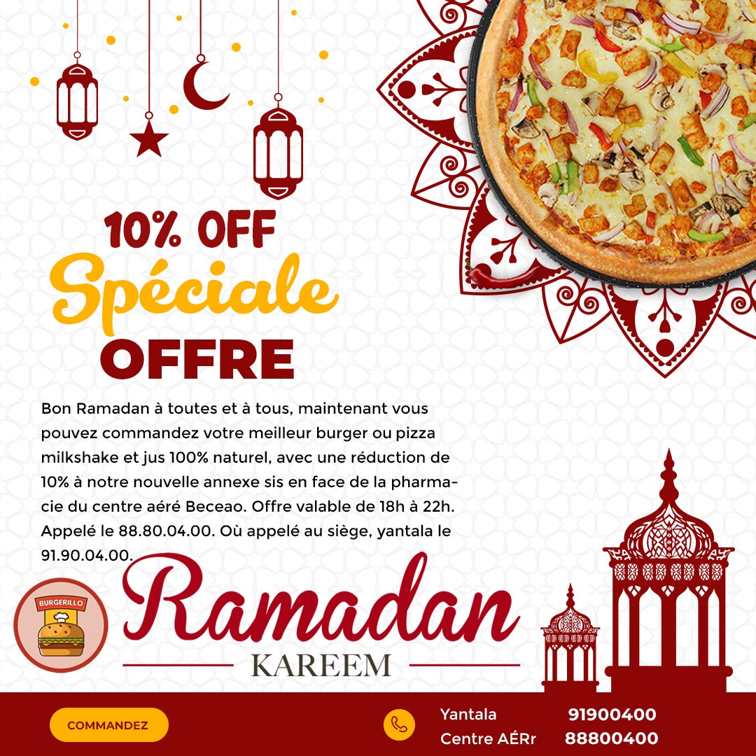 Burgerillo's tweet photo. Bon Ramadan à toutes et à tous, maintenant vous pouvez commandez votre meilleur #burger ou #pizza  avec réduction de 10%  à notre nouvelle annexe sis en face de la pharmacie du centre aéré Beceao. Offre 🕰️18h à 22h.
Appelé le 88.80.04.00 O�� appelé au siège, yantala le 91.90.04.00 https://t.co/SD6nICo9S7