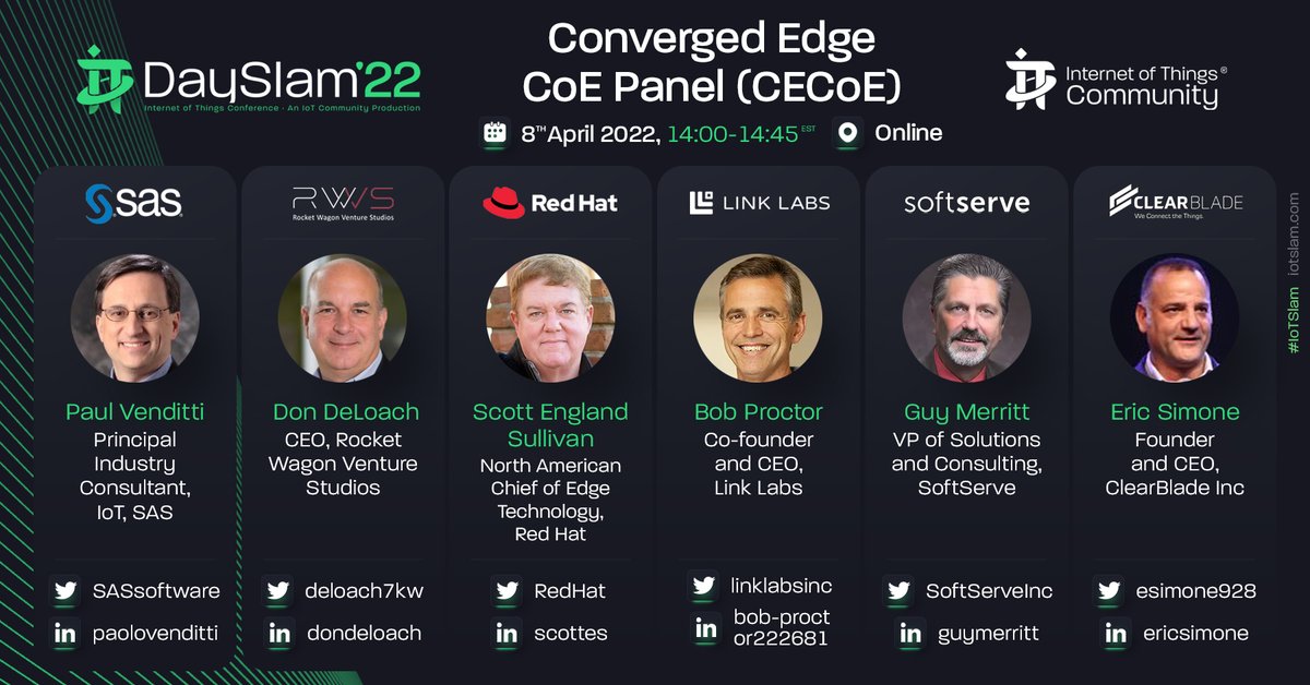 We are thrilled and proud to announce the inaugural Converged Edge Center of Excellence Panel. Join @deloach7kw, @linklabsinc, @ClearBlade, @RedHat, @SASsoftware & @SoftServeInc, LIVE in 30 mins! linkedin.com/video/live/urn… #IoTCommunity #IoTSlam #IoT #IoTCL #IoTDay