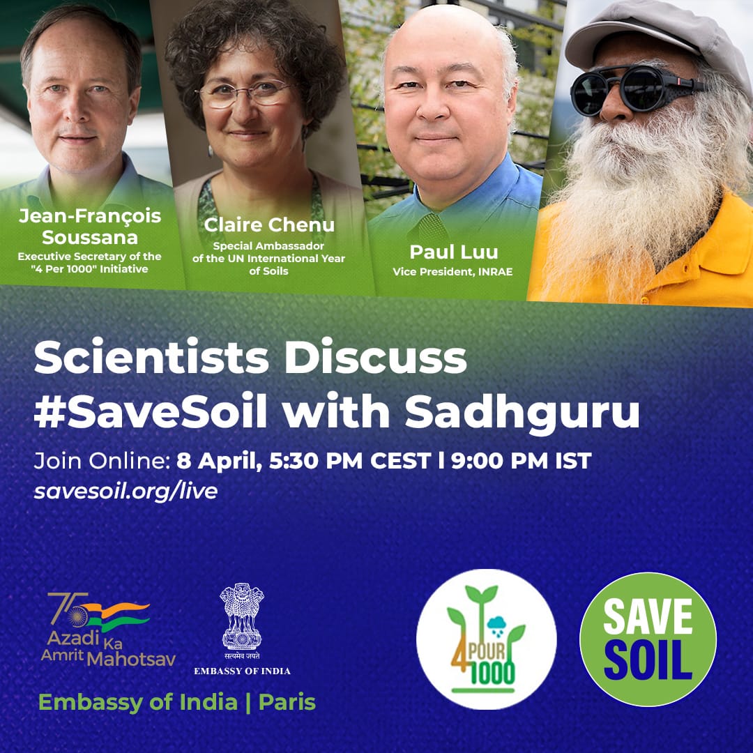 SadhguruJV's tweet photo. Scientists  discuss #SaveSoil with Sadhguru.
@cpsavesoil @4per1000 @ClaireChenu2 @IndiaembFrance
Watch:
https://t.co/K7OezItmGd https://t.co/UjkY6MFzH9