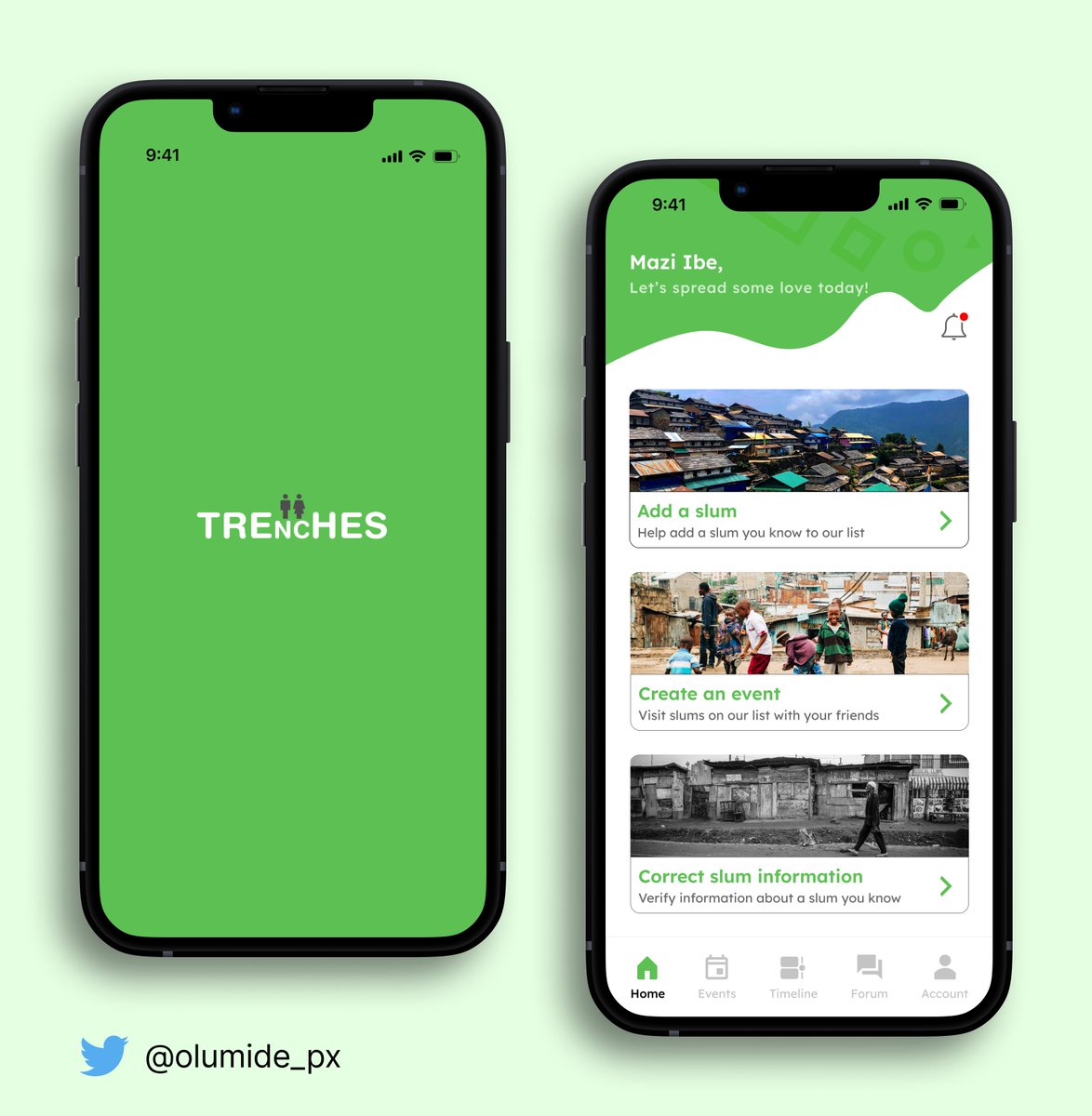 olumide_px's tweet photo. Hello Twitter, For my Google UX Design Course final project I designed an app named Trenches. This will help take more kids out of the slums in Nigeria.

Inspired by @Tunde_OD &amp; @chessinslums the features include:
- Add an unknown slum to our database

- Create visitation events https://t.co/nE3nqsJ6DU