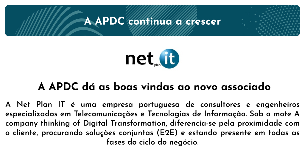 APDC's tweet image. 👕Já temos mais um Associado, a Net Plan IT - Business Solutions ,🚀 a quem damos as boas-vindas 🤝! A APDC sempre a crescer 🔝, enquanto plataforma das TIC e Media! 

#apdc #digitalbusinesscommunity #visionware #ecossistema #digital #tecnologia #futuro #plataforma #TIC