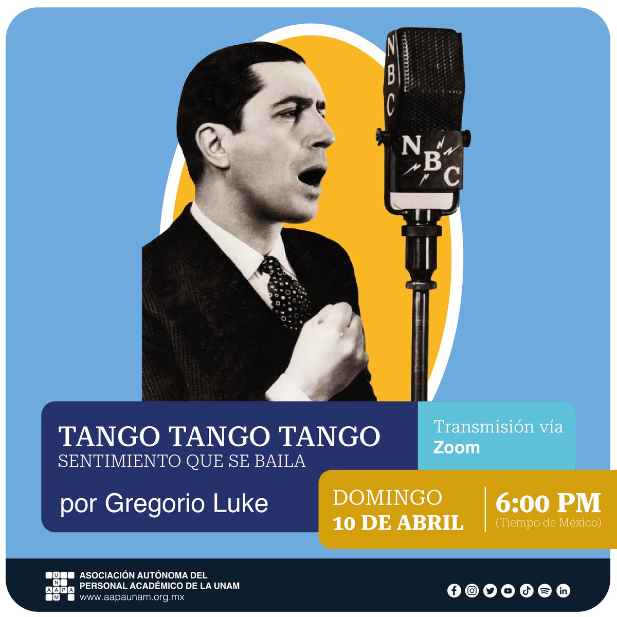 AAPAUNAMOficial's tweet photo. No te pierdas al Maestro Gregorio Luke con esta increíble plática sobre el TANGO 💃🏻

Join Zoom Meeting
https://t.co/MMPmmaEJ6M
Meeting ID: 842 3968 2241
Passcode: 918791

#AAPAUNAM #gregorioluke #tango #envivo #argentina🇦🇷 #10abril #2022 https://t.co/iw7gZcT9zh