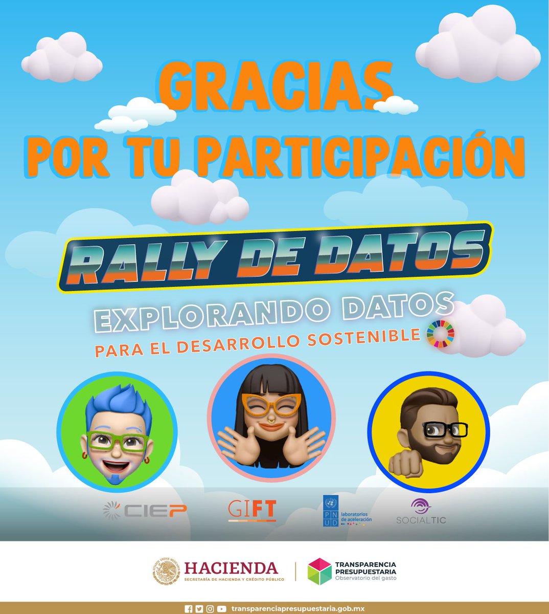 TPresupuestaria's tweet photo. A todos los equipos y amantes de los datos que se inscribieron a la séptima edición de Rally de Datos ¡Gracias, gracias, gracias por participar! 🥰

📌 Muy pronto daremos a conocer a los ganadores, te invitamos a permanecer pendiente de nuestras redes sociales.

#RallyMX 🏁 https://t.co/pOiW64zXFV