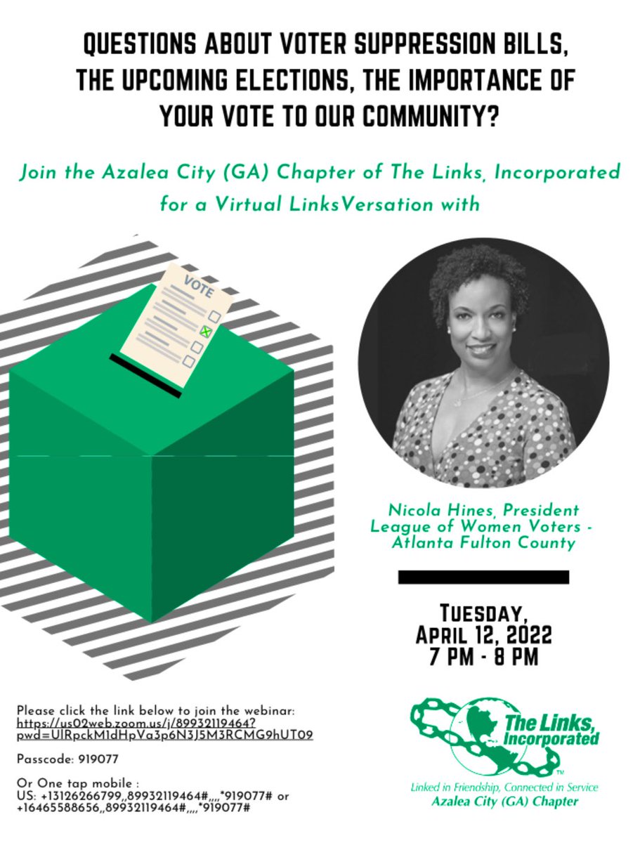 The <a href="/AzaleaCityLinks/">Azalea City (GA) Links</a> invite you to get the latest info on NEW Election Bills in play for this all important upcoming Election Cycle. Free Virtual Discussion w/President of the Atlanta/Fulton <a href="/LWV/">League of Women Voters of the US</a> April 12th 7pm. Passcode 919077 #SALinks  <a href="/linksinc/">The Links, Incorporated</a> 🗳nam11.safelinks.protection.outlook.com/?url=https%3A%…