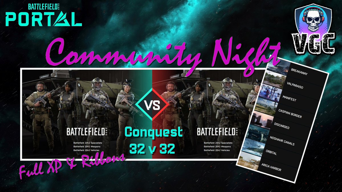 VeteranGamersCo's tweet photo. #VGCCommunityNight 8PM SAT
Host: @r0adkill78
#Battlefield2042 #Conquest

@GoldenWriggles @Carpo_VP @Warlustgg
@Murray667 @T0TALfps @Pazz_79
@FrederikDrabert @skank_a_licious
@SteezeMcQueen1 @IICookieGII @The_Akira72
@PineconeEater1 @paralolum @mod_bluejay
@sam_vanta @Straatford87 https://t.co/gU8uM71KEk