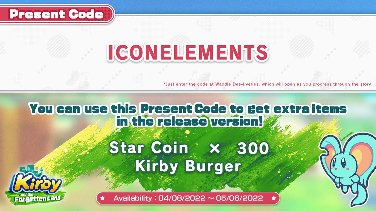 NintendoAmerica's tweet photo. Float into #Kirby and the Forgotten Land with 300 Star Coins and 1 food item!
 
Enter this present code in-game to claim your reward: ICONELEMENTS https://t.co/Ga9K8zdoKC