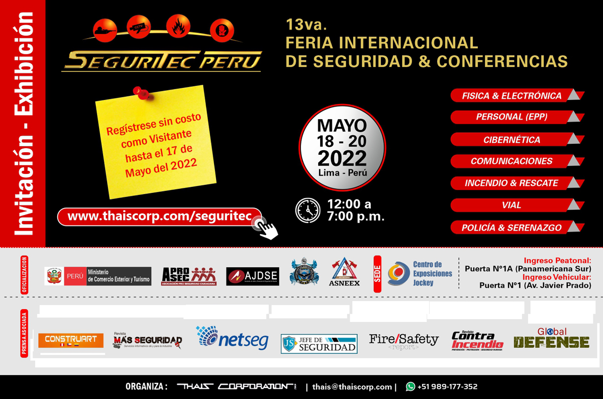 ¡ REGISTRO a la Feria Internacional “PRESENCIAL” <a href="/seguritecperu/">Seguritecperu</a>  2022!
Se extiende la invitación para registrarse SIN COSTO, hasta el 17 de mayo, como visitantes en el evento más importante de Seguridad y Comunicaciones de Perú. 
📣 Link de Registro: cutt.ly/4ApKC3z