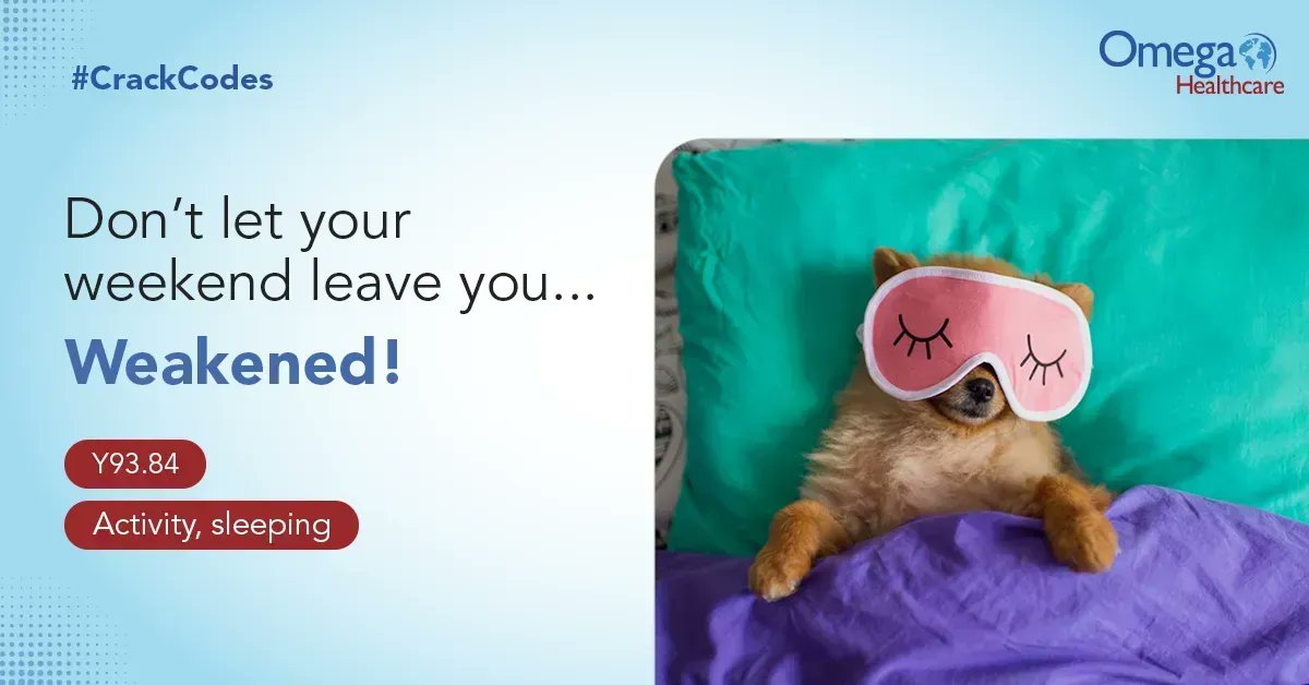 Omega_HMS's tweet image. Planning to sleep in this weekend? If you snooze, you could lose to Y93.84. That’s the medical code to describe illness, injury or morbidity from activities like... sleeping! What a nightmare, right? Most ICD-10 codes are just as bizarre. Stay tuned for more #CrackCodes.