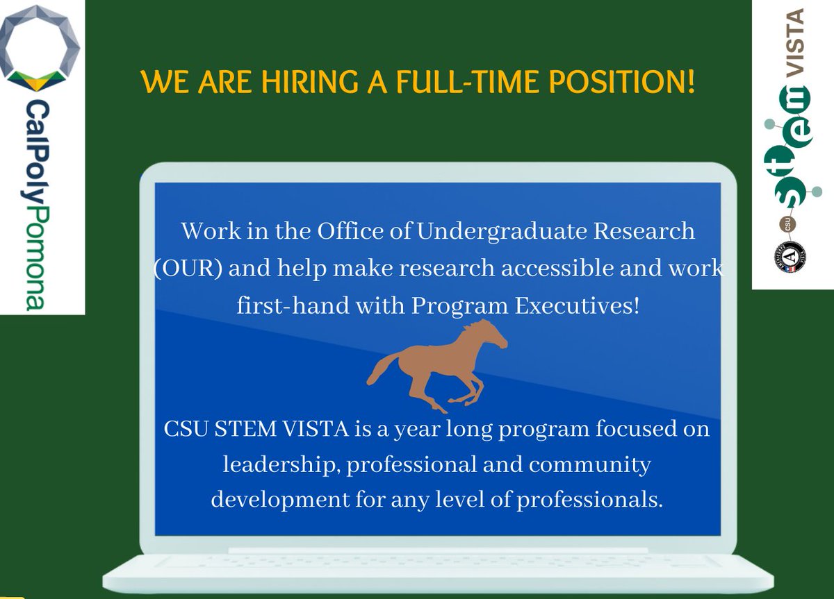 OURCPP's tweet image. The OUR and LTD are currently recruiting candidates for 2 full-time positions as part of the CSU STEM VISTA program. This 1-year commitment starts in July 2022. Benefits include a living stipend, education award, and more!
Apply by May 13: bit.ly/CPPSTEMVISTA