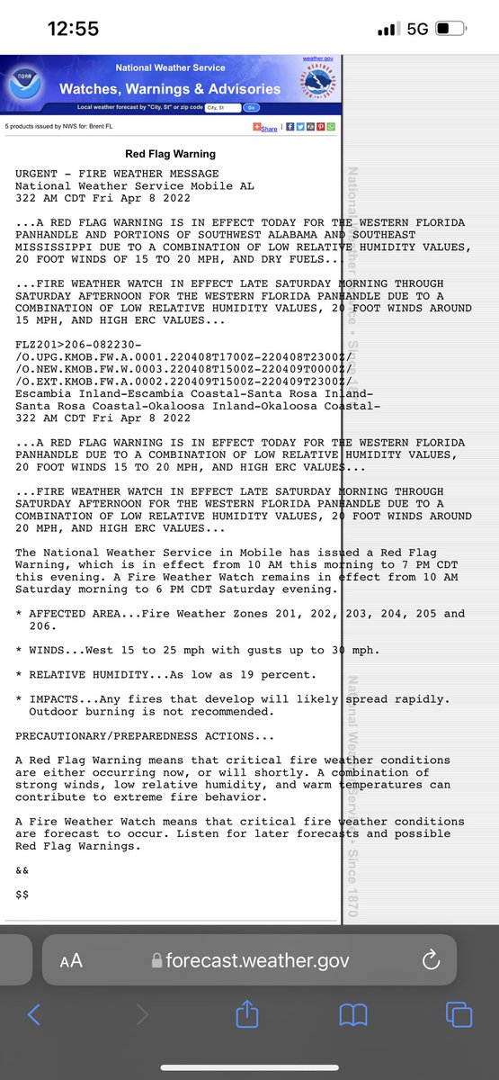 WeatherBrooke's tweet photo. We were placed in a Red Flag Warning this morning at 3:22AM. This was because of the dry and windy conditions. A prescribed burn was also approved for today on Garcon Point. That prescribed burn is now threatening homes in Dickerson City. Residents are being asked to evacuate. https://t.co/wxUPqJU45i