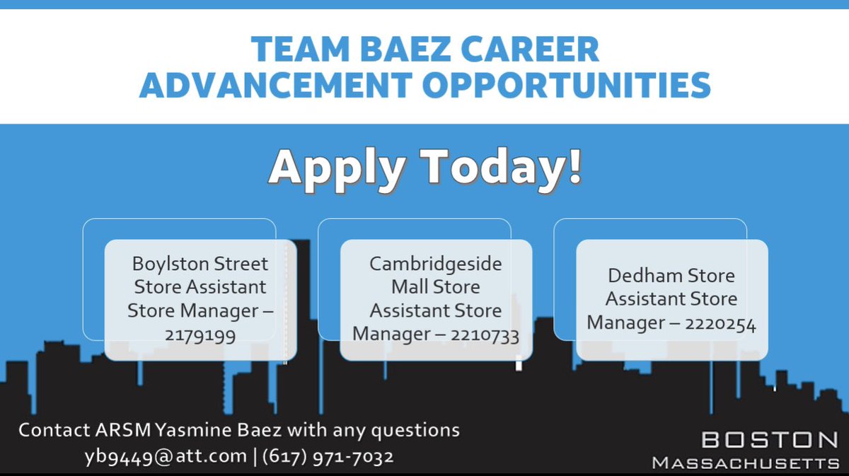Looking to expand your career and take the next step? There’s no where better to do it than Boston📍Apply Today 📩<a href="/TheRealOurNE/">#OurNE</a> <a href="/keroninc/">Keron Incarnato</a> <a href="/firas_smadi/">Firas Smadi</a> #LifeAtATT @attJOBS