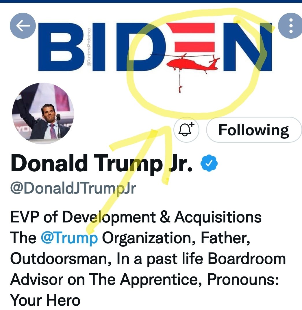 ChickenCawthorn's tweet photo. Hello @twittersafety is this really allowed on Twitter?  The POTUS is being depicted hanging from a helicopter.  Please suspend the offender @DonaldJTrumpJr https://t.co/qiENPLC6bj