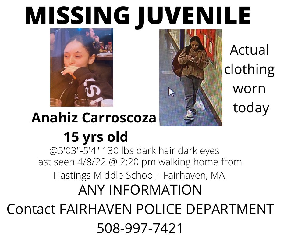 We need your help.  This young lady has not been seen since 2:20 PM after leaving Hastings Middle School today.  There is no indication that this is an abduction, all signs point to a Runaway situation at this time.  She is known to have ties to the Pawtucket RI area.
